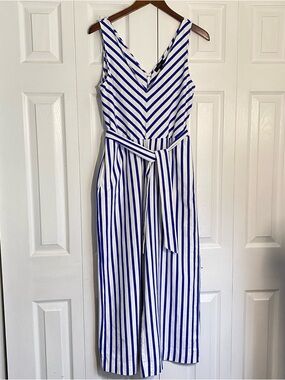 J. Crew White and Blue Striped V-Neck Cotton Wide Leg Jumpsuit